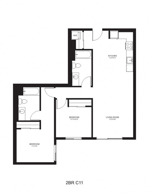 Floor plan for 2 beds, 2 baths, 1037 sqft