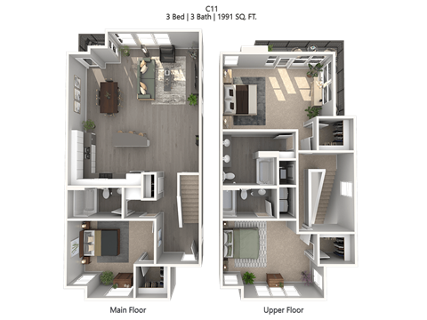 Floor plan for 3 beds, 2 baths, 1991 sqft