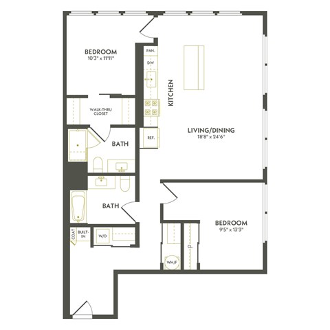 Floor plan for 2 beds, 2 baths, 1214 sqft