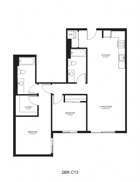 Floor plan for 2 beds, 2 baths, 1110 sqft