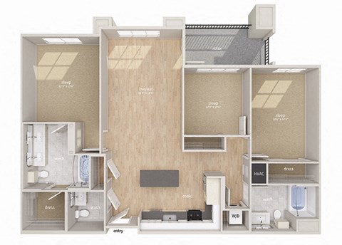 Floor plan for 3 beds, 2.5 baths, 1378 sqft