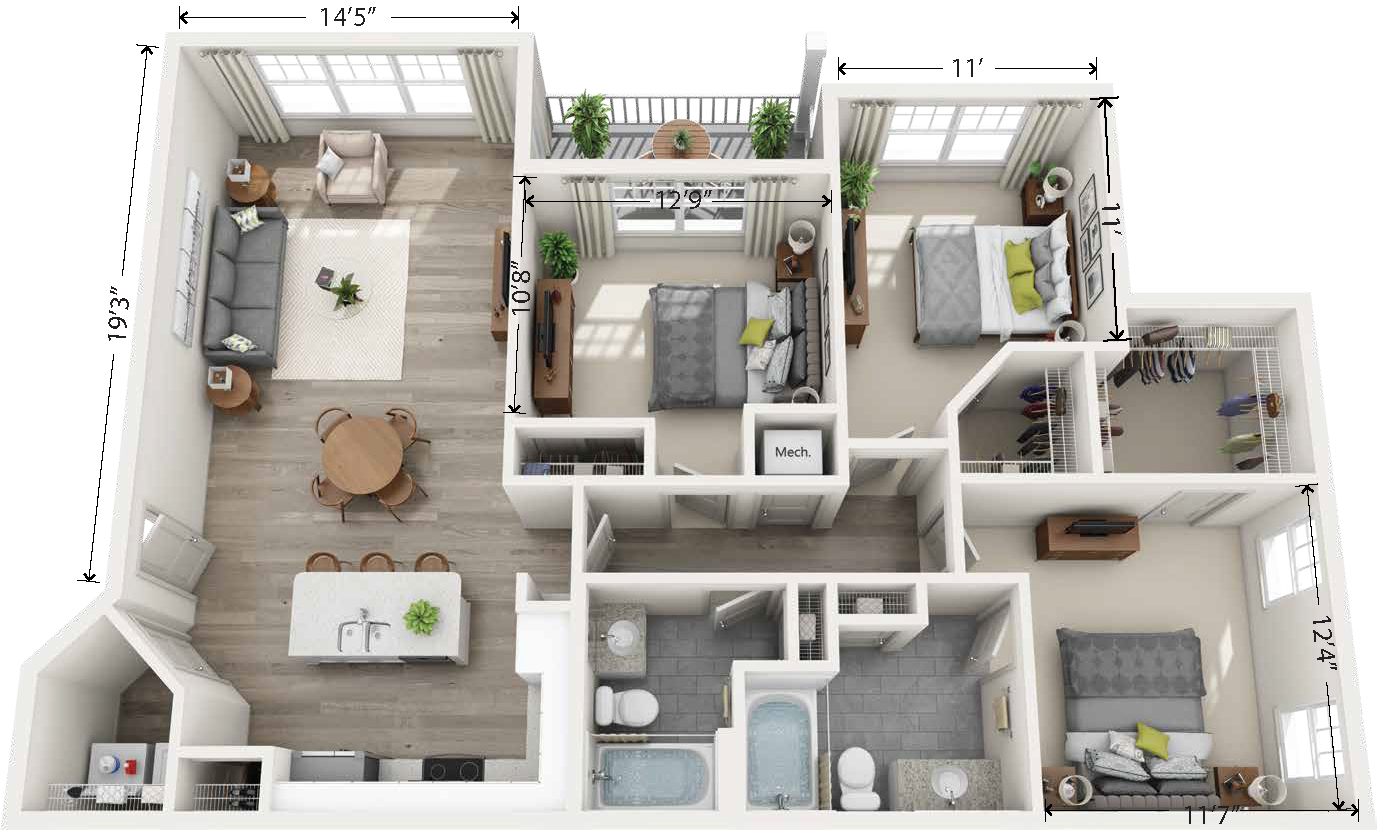 Floor plan for 3 beds, 2 baths, 1330 sqft