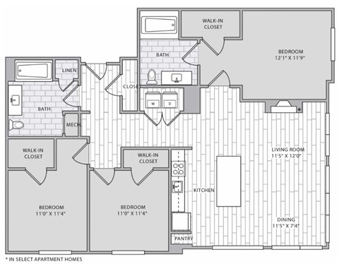 Floor plan for 3 beds, 2 baths, 1358 sqft
