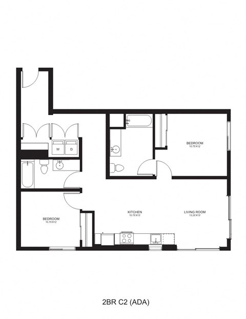 Floor plan for 2 beds, 2 baths, 1040 sqft