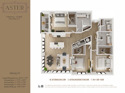 Floor plan for 3 beds, 2.5 baths, 1894 sqft