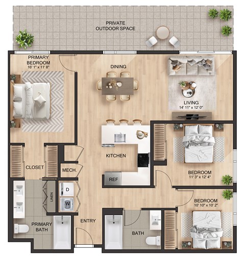 Floor plan for 3 beds, 2 baths, 1377 sqft