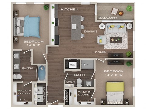 Floor plan for 2 beds, 2 baths, 1020 sqft
