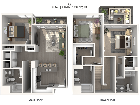 Floor plan for 3 beds, 2 baths, 1593 sqft