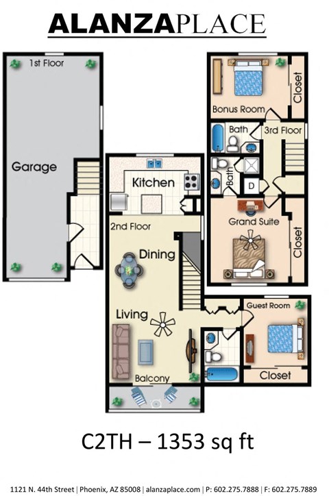 Floor plan for 3 beds, 3 baths, 1353 sqft