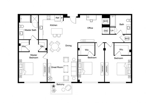 Floor plan for 3 beds, 2 baths, 1491 sqft