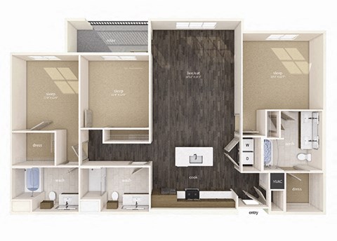 Floor plan for 3 beds, 3 baths, 1529 sqft