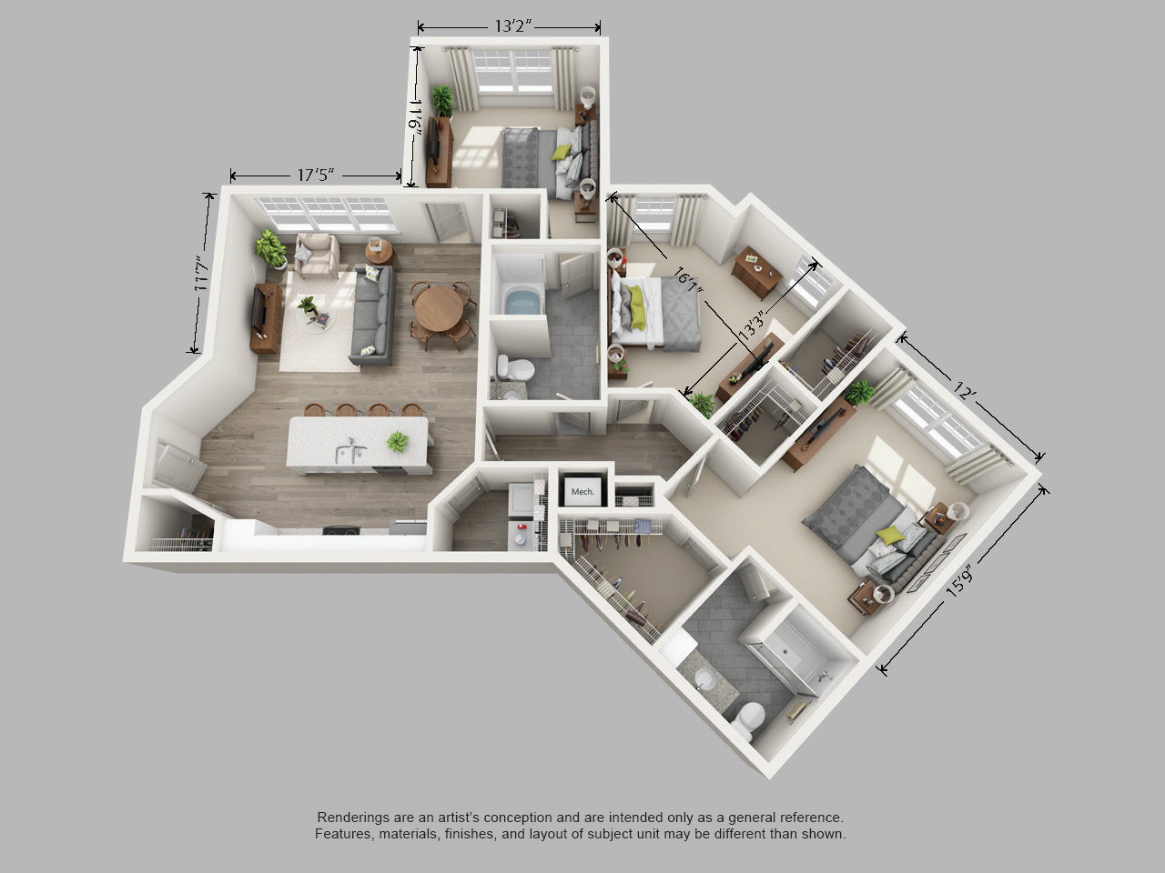 Floor plan for 3 beds, 2 baths, 1497 sqft