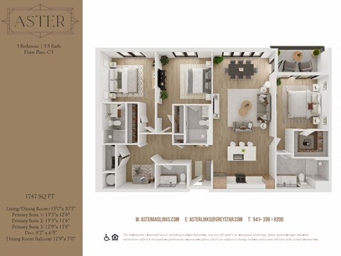 Floor plan for 3 beds, 3.5 baths, 1747 sqft
