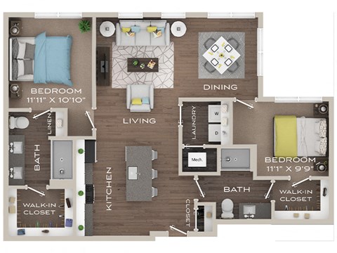 Floor plan for 2 beds, 2 baths, 1027 sqft