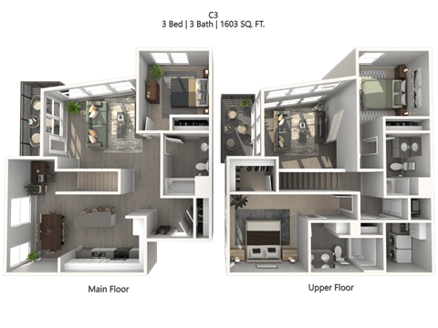 Floor plan for 3 beds, 2 baths, 1603 sqft