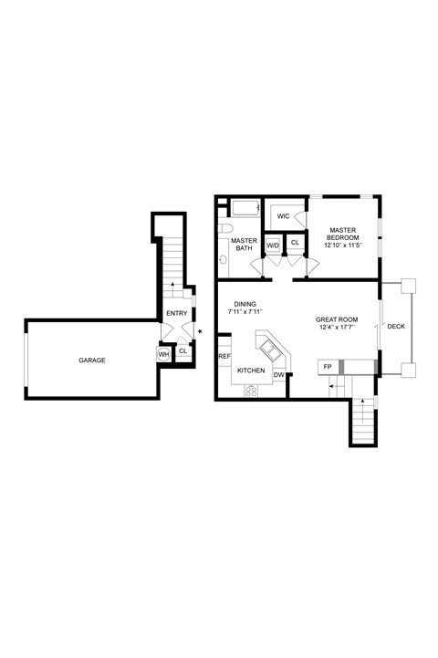 Floor plan for 1 bed, 1 bath, 869 sqft