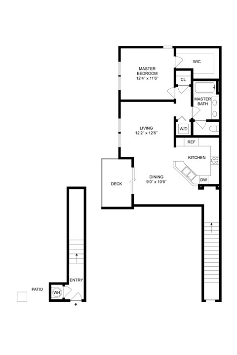 Floor plan for 1 bed, 1 bath, 839 sqft