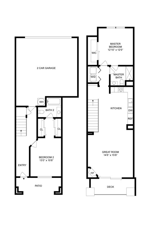 Floor plan for 2 beds, 2 baths, 1136 sqft