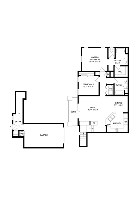 Floor plan for 2 beds, 2 baths, 1162 sqft