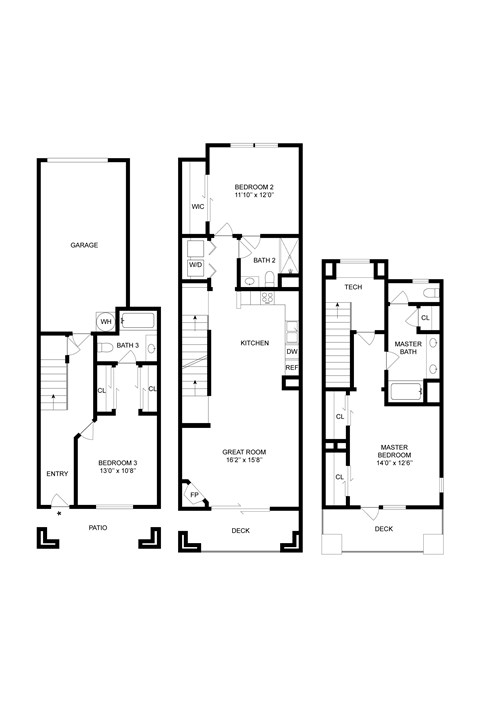 Floor plan for 3 beds, 3 baths, 1627 sqft