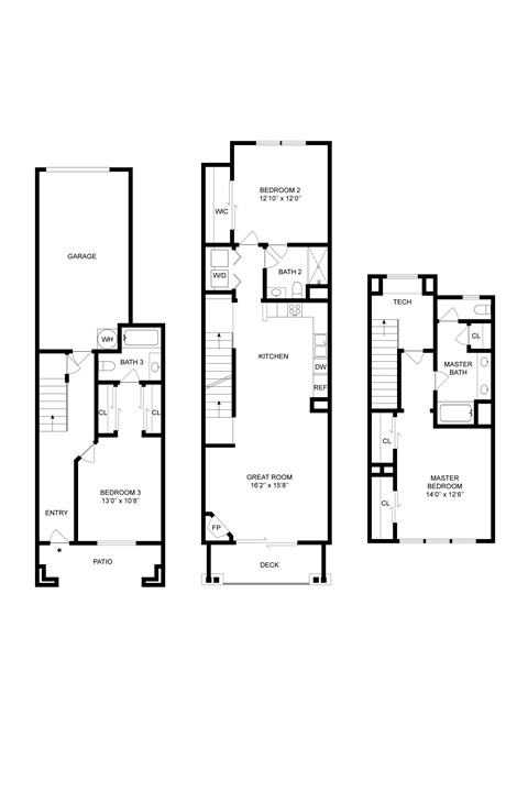 Floor plan for 3 beds, 3 baths, 1639 sqft