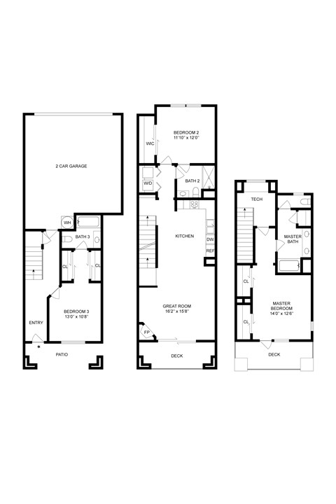 Floor plan for 3 beds, 3 baths, 1627 sqft