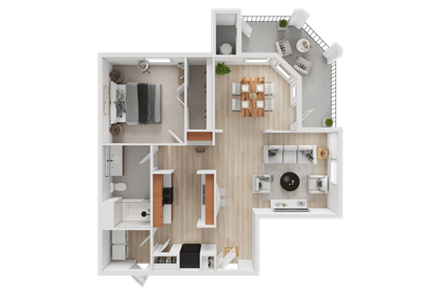 Floor plan for 1 bed, 1 bath, 931 sqft
