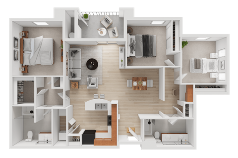 Floor plan for 3 beds, 2 baths, 1328 sqft