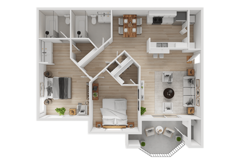 Floor plan for 2 beds, 2 baths, 1121 sqft