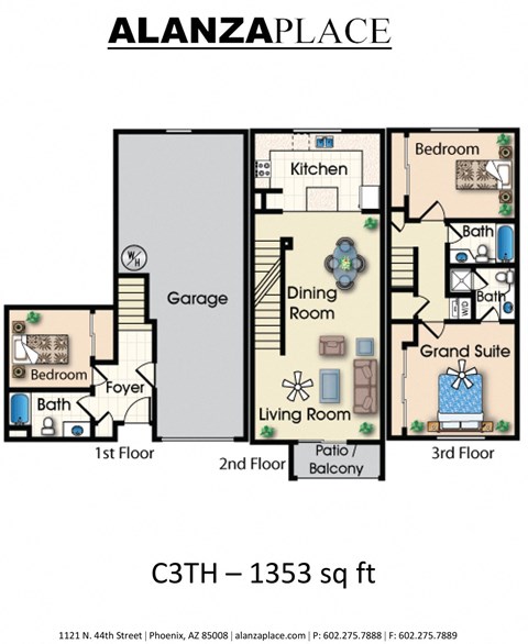 Floor plan for 3 beds, 3 baths, 1353 sqft