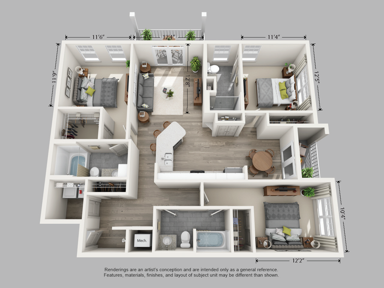 Floor plan for 3 beds, 3 baths, 1442 sqft