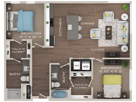 Floor plan for 2 beds, 2 baths, 1032 sqft