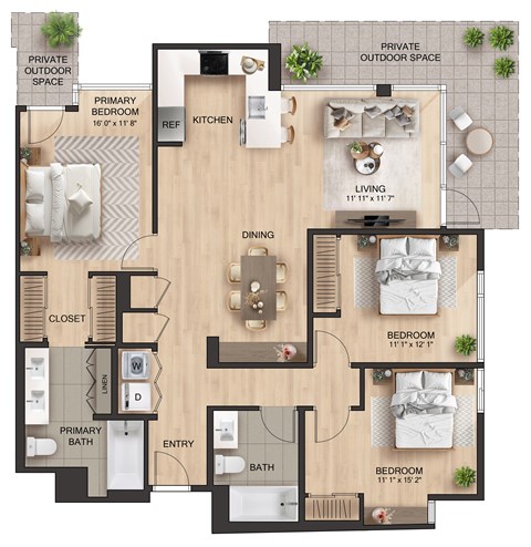 Floor plan for 3 beds, 2 baths, 1415 sqft