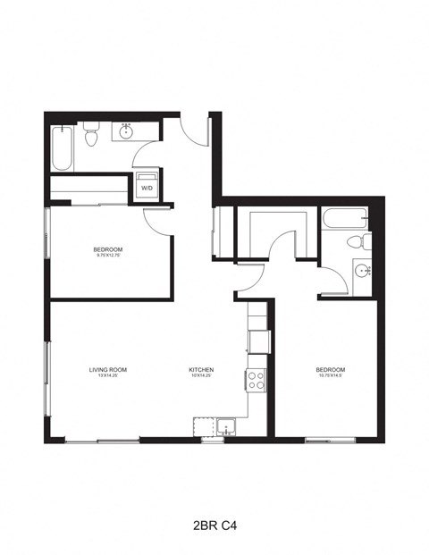 Floor plan for 2 beds, 2 baths, 1083 sqft