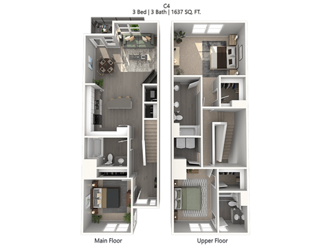 Floor plan for 3 beds, 2 baths, 1637 sqft