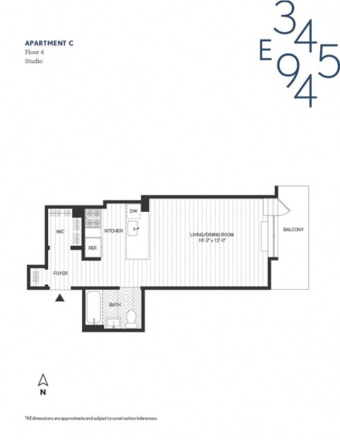 Floor plan for studio, 1 bath, 427 sqft