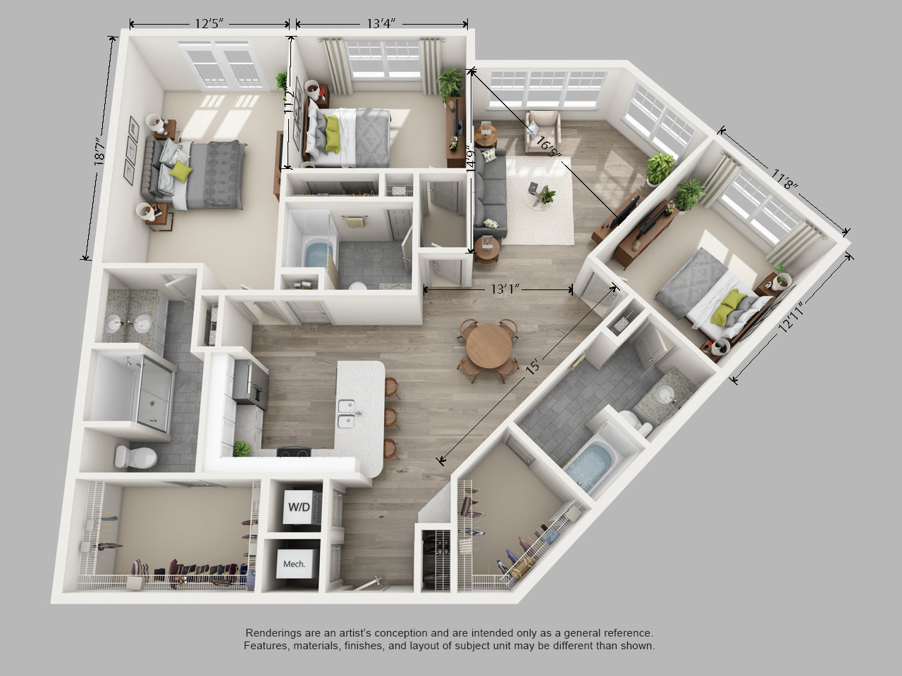 Floor plan for 3 beds, 3 baths, 1726 sqft