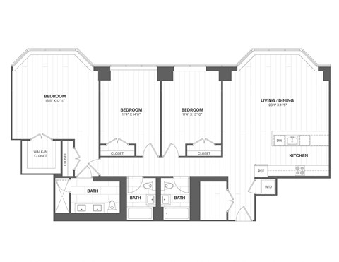 Floor plan for 3 beds, 3 baths, 1693 sqft