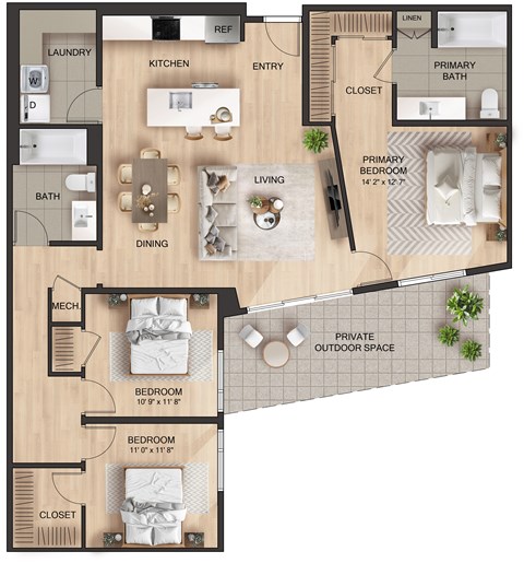 Floor plan for 3 beds, 2 baths, 1440 sqft