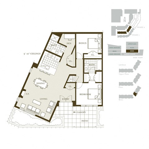 Floor plan for 1 bed, 1.8 baths, 1221 sqft
