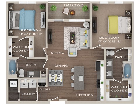 Floor plan for 2 beds, 2 baths, 1036 sqft