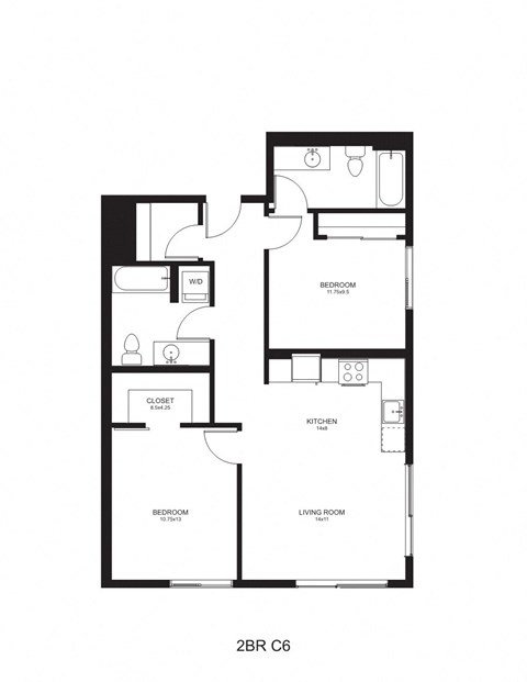 Floor plan for 2 beds, 2 baths, 933 sqft
