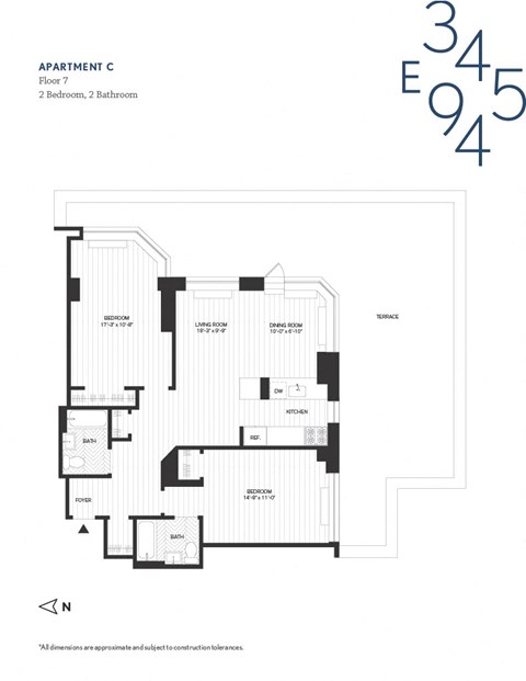 Floor plan for 2 beds, 2 baths, 1058 sqft