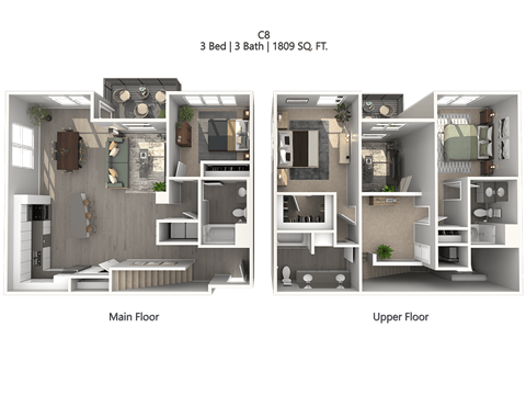Floor plan for 3 beds, 2 baths, 1821 sqft