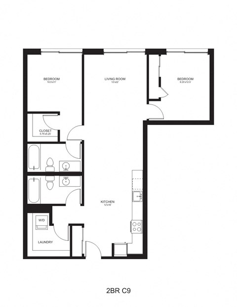 Floor plan for 2 beds, 2 baths, 1086 sqft