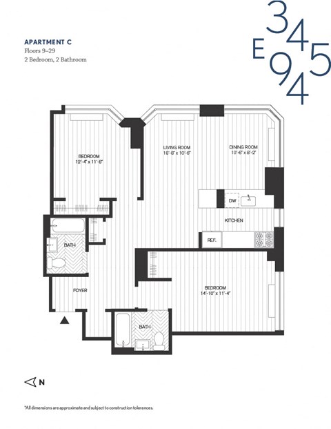Floor plan for 2 beds, 2 baths, 990 sqft