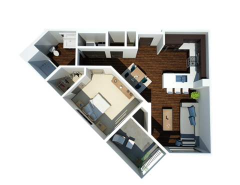 Floor plan for 1 bed, 1 bath, 724 sqft