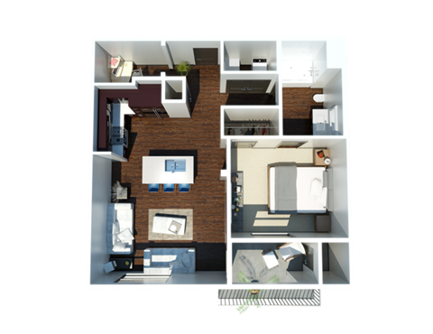 Floor plan for 1 bed, 1 bath, 750 sqft