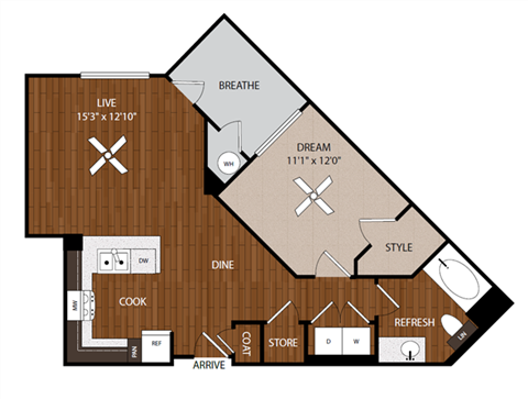 Floor plan for 1 bed, 1 bath, 772 sqft