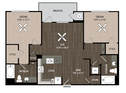 Floor plan for 2 beds, 2 baths, 1156 sqft